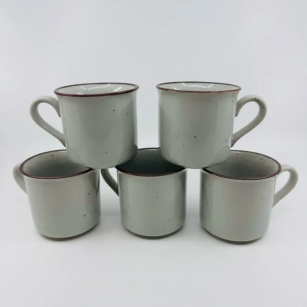 Stoneware 11 Pc Mug Au Gratin Dish Set Cream Brown Speckled VTG Organic Modern